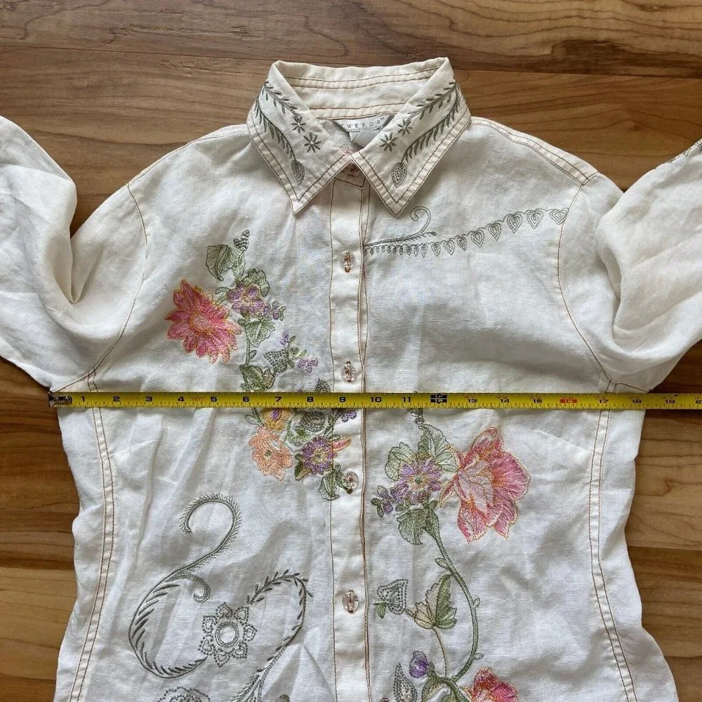 Tweeds Women Linen Embroidered Button Front Shirt Size: S Cottagecore Boho - Picture 8 of 9